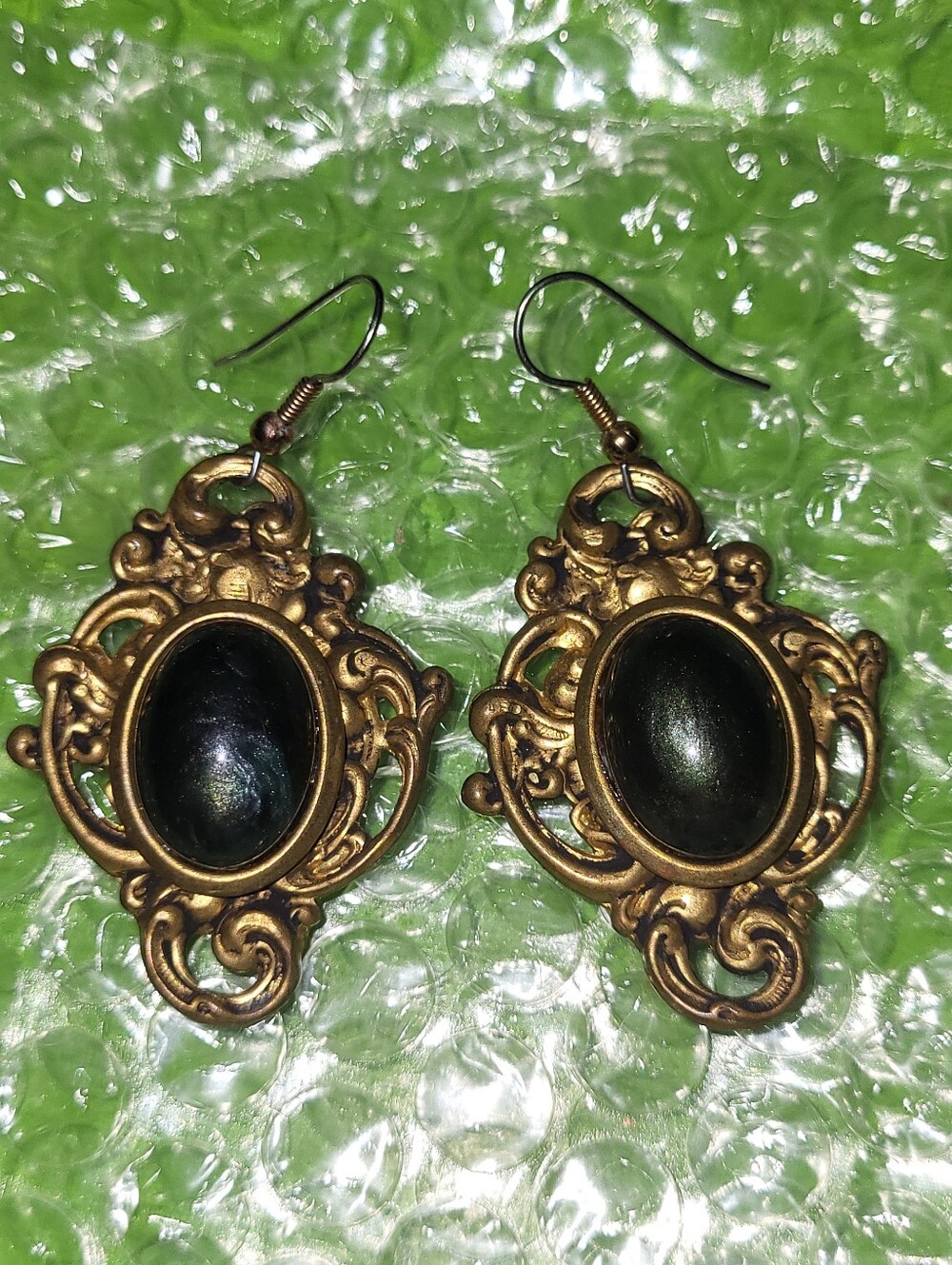 Vintage Baroque Antiqued Bronze Dangle Earrings with Black Cabochon Centers